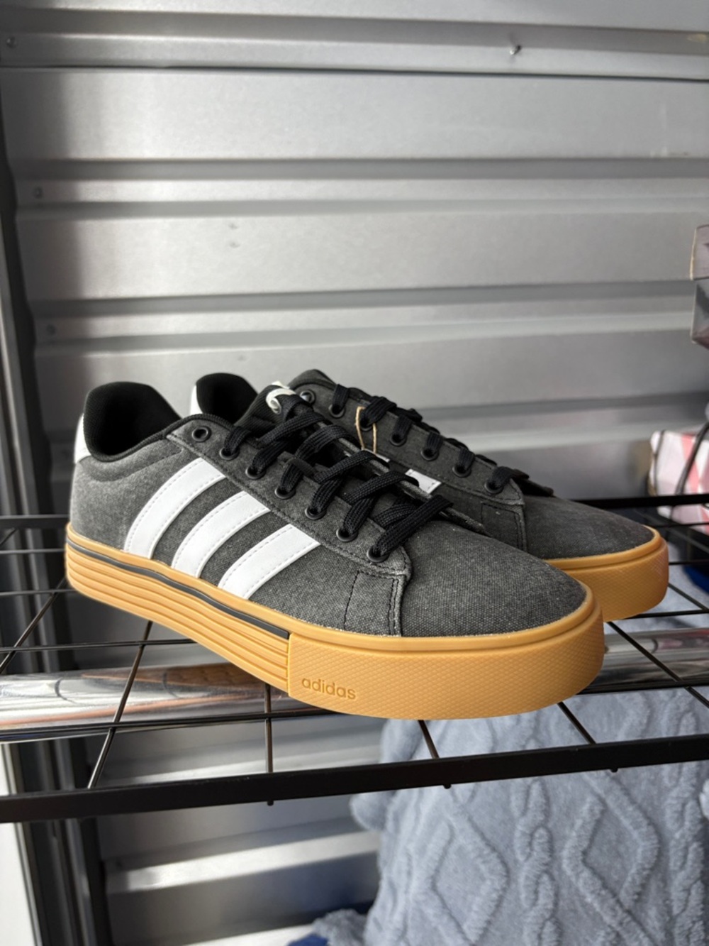 adidas Men’s Gray Canvas Sneakers with White Stripes and Gum Outsole